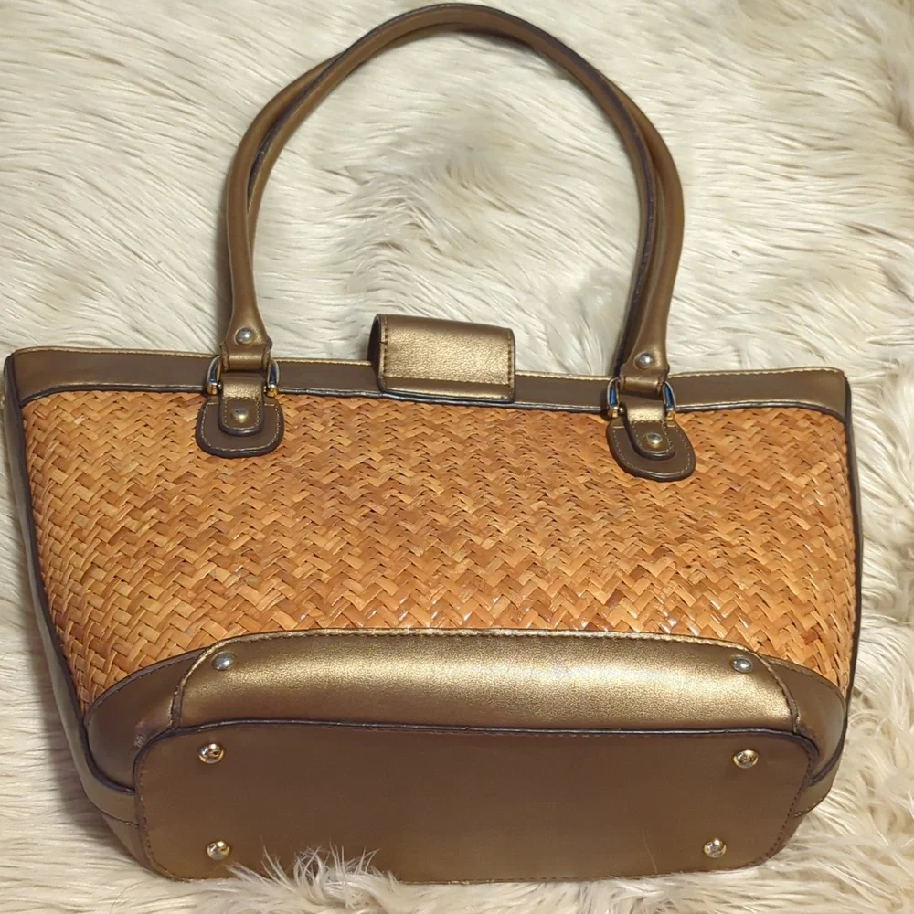 Etienne Aigner 100% Rattan with Bronze Trim Tote Bag 15” x 9” - Picture 8 of 12